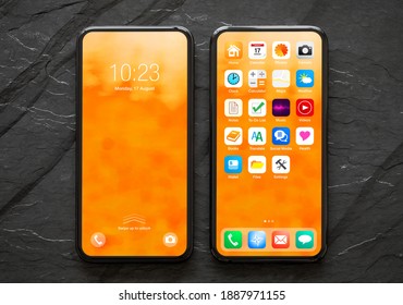 Mobile phone with locked and home screens, mockup of user interface and app icons