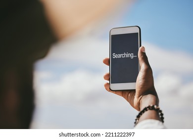 Mobile Phone, Lost Connection And Sky Network For 5g Wifi Problem, Poor Data Reception And Satellite Service. Man Hands Searching For Internet Connectivity, Smartphone Screen And Tech App Gps Update