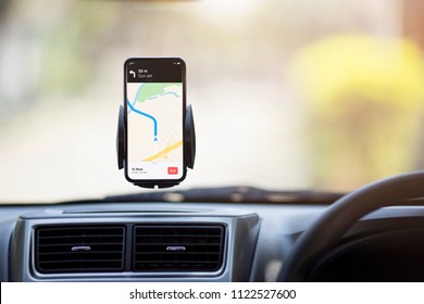 Mobile Phone With Map GPS Navigation In Car