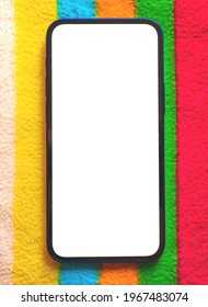 Mobile Phone Mockup On Colorful Backgrund, Kids Education Concept Photo, Blank White Screen With Copy Space