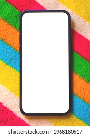 Mobile Phone Mockup On Colorful Backgrund, Kids Education Concept Photo, Blank White Screen With Copy Space