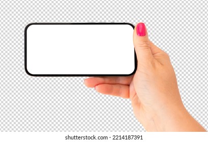 Mobile Phone Mockup. Person Holding Phone Horizontally In One Hand, Transparent Background Pattern.