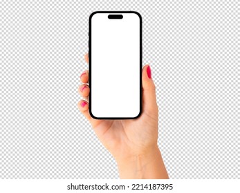 Mobile phone mockup. Person holding phone in hand, transparent background pattern.