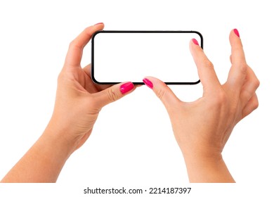 Mobile phone mockup. Person zooming something on the screen with both fingers.