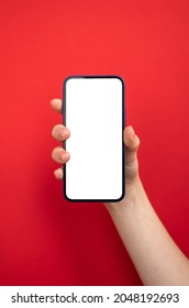 Mobile phone mockup screen on red color background, copy space