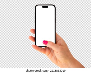 Mobile Phone Mockup. Woman Holding Phone In Hand, Transparent Background Pattern.