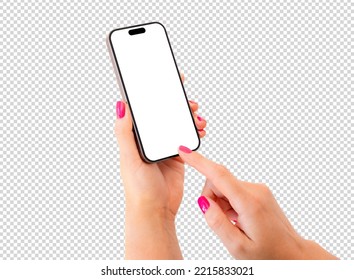 Mobile phone mockup. Woman holding phone in hand, transparent background pattern. - Shutterstock ID 2215833021