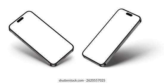 Mobile phone mockups, phones in different angles with empty screens, Isolated on white background
