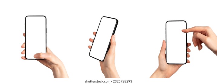 Mobile phone mockups set. Smartphone screen mock-ups in hand isolated on white.