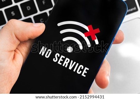 Mobile phone with no service screen. Communication, cellular problem, bad connection concept