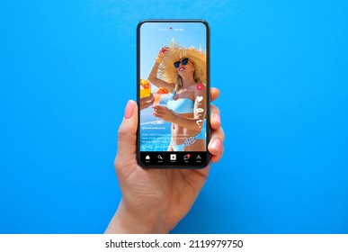 Mobile phone on blue background with shared video on sample social media app