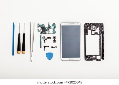 Mobile Phone Parts And Repairing Tools, Flat Lay, Top View