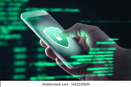 Mobile phone personal data and cyber security threat concept. Cellphone fraud. Smartphone hacked with illegal spyware, ransomware or trojan software. Hacker doing online scam. Antivirus error.