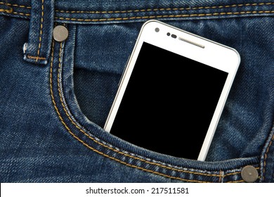 mobile phone in pocket with black screen. focus on screen. 