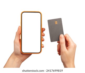 Mobile phone screen mockup, paying with bank app, plastic debit card isolated on white background
