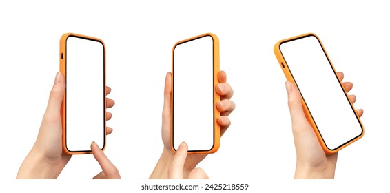 Mobile phone screen mockups. Smartphone mock-ups angle views, cellphones in hands isolated on white background - Powered by Shutterstock