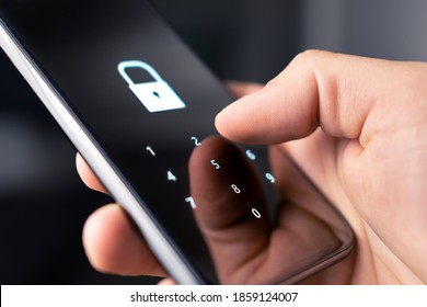 Mobile phone security code, password or lock for personal online privacy and verification. 2FA (two factor authentication) and passcode for data and identity protection. Cyber hacker, fraud or threat. - Shutterstock ID 1859124007