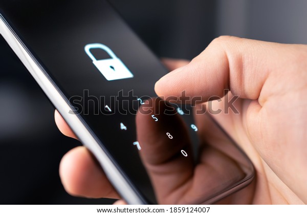 Mobile phone security code, password or lock for\
personal online privacy and verification. 2FA (two factor\
authentication) and passcode for data and identity protection.\
Cyber hacker, fraud or\
threat.