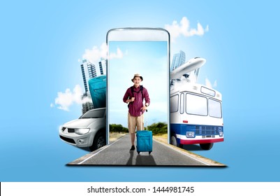 Mobile phone with transportation and buildings on blue background. From the phone comes asian man in hat with suitcase bag and backpack standing on the street. Traveling concept - Powered by Shutterstock