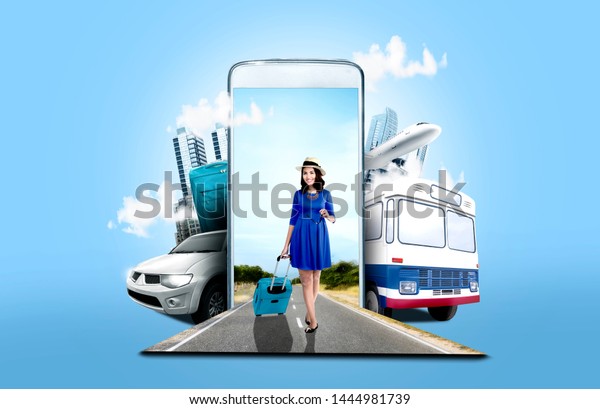 Mobile phone with\
transportation and buildings on blue background. From the phone\
comes asian woman in hat carrying suitcase bag walking on the\
street. Traveling\
concept