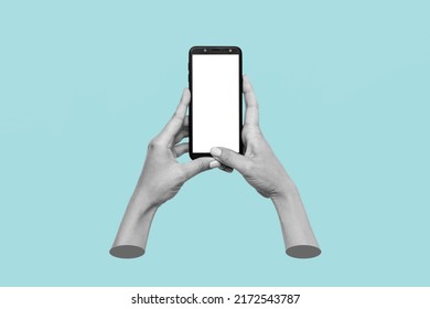 Mobile phone with white screen in female hands isolated on blue background. Blank with an empty copy space. Mockup of a smartphone. 3d trendy collage in magazine style. Contemporary art. Modern design - Shutterstock ID 2172543787