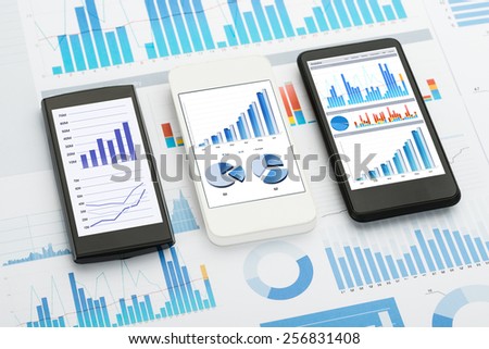 Mobile Phones With  Analytics Graphs And Charts