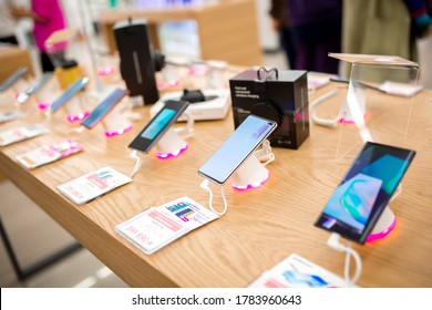 Mobile phones in an electronics store. Electro home appliances and hobbies. Sale of goods on black Friday in a shopping center. Household appliances in stock. Cell. Almaty, Kazakhstan May 15, 2020 