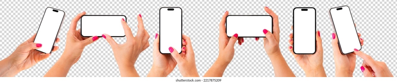 Mobile phones mockup. Set of different phone angles in hand, transparent background pattern. - Powered by Shutterstock