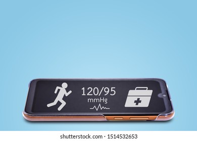 Mobile Phones-Smart Phone Have Applications To Help Maintain Health In The Exercise To Make The Body Healthy Isolated On Light Blue Background. With Fill Clipping Paths Easy To Dicut. 