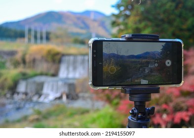 Mobile Photography And Videography Using A Tripod And A Smart Phone. Beautiful Scenery In The Nature 