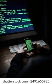 Mobile, programmer hands and code screen with software for hacking crime or cyber security, download or virus. Hacker, programming and thief with digital database for online glitch with web banking