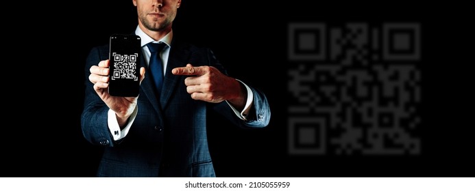 Mobile qr code. Digital mobile smart phone with qr code scanner on smartphone screen for online pay, scan barcode technology on black background. Mobile banking. Customers can pay through qrcode