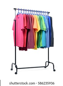 Mobile Rack With Color Clothes On White Background. 