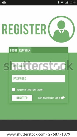 Mobile registration screen is showing flat green and white panel with avatar, form fields, checkbox. Signin, identity, icon, interface, minimalist, app, phone