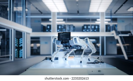 Mobile Robot Dog Standing in a High Tech Modern Industrial Facility. Robot Prototype with a Screen with Running Software Code. - Shutterstock ID 2233202613