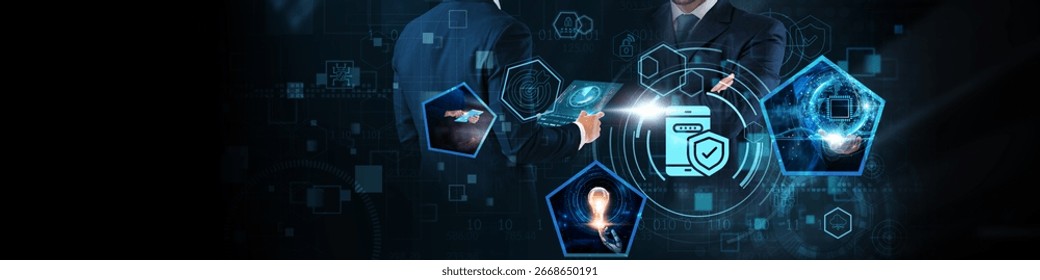 Mobile Security Concept: Encryption, authentication, data protection, secure access, device management, threat detection, and privacy on global business network.
