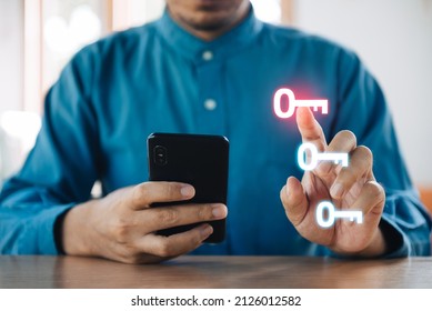 Mobile security concept, Man using a digital generated phone with security key 