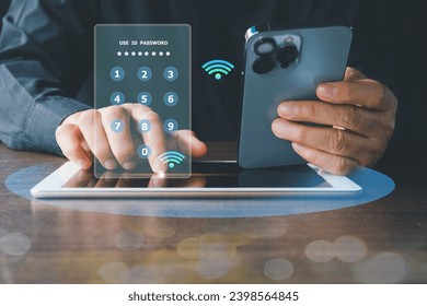 Mobile security concept, Man using a digital generated phone with security password on blue screen