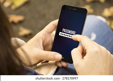 Mobile Security Concept: Young Woman Entering Password On A 3d Generated Phone At The Park