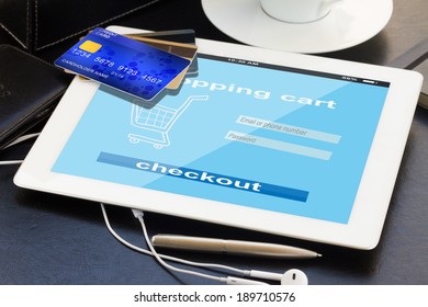 mobile shopping  - checking out in virtual shop on tablet PC