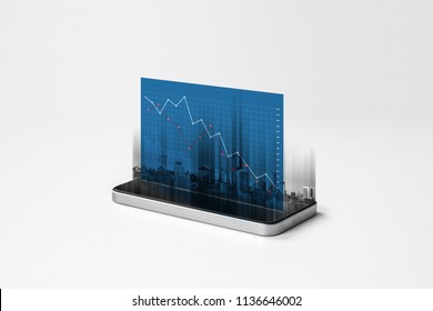 Mobile smart phone and business decreasing graph hologram screen