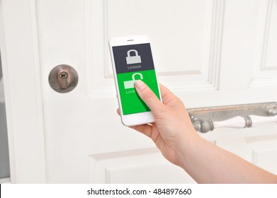 Mobile Smart Phone Use For Open Safety Door And Opens The Door Of His Home.