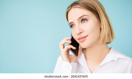 Mobile Technology. Business Woman. Worldwide Coverage. Advertising Background. Elegant Smiling Lady Talking Smartphone Isolated Blue Copy Space.