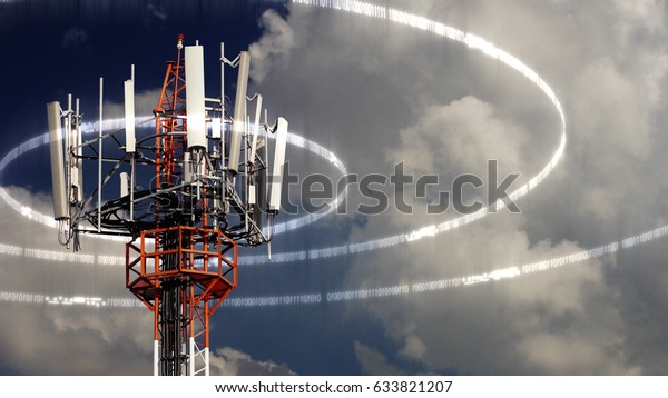 Mobile telecommunication tower\
or cell tower with antennae and electronic communications\
equipments