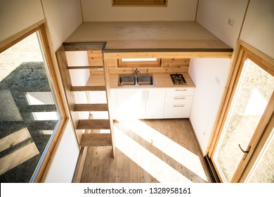 Mobile tiny house interior. Great for outdoor experiences and wildlife. Lots of space and pure adventure. No need for special authorizations, only a decent car to pull this tiny house and off you go.