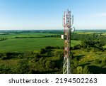 Mobile Tower installation. Cell site and Telecom Base Station. 5G internet online generation. Health Hazards Caused By Mobile Tower Radiation. Telecommunications and Wireless network. Wifi antenna.