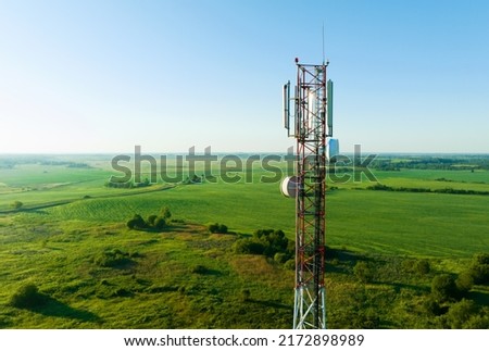 Mobile Tower installation. Cell site and Telecom Base Station. 5G internet online generation. Health Hazards Caused By Mobile Tower Radiation. Telecommunications and Wireless network. Wifi antenna.