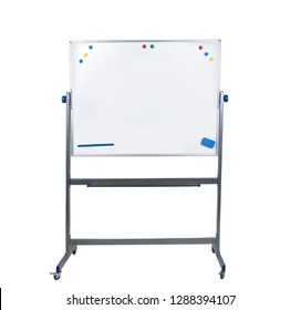 Mobile Whiteboard. Rolling Magnetic Large Double-Sided Flip Over Dry Erase White Board For Office Or Classroom With  Ruler,  Eraser, And 8 Magnets.  Isolated On White Background