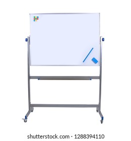 Mobile Whiteboard. Rolling Magnetic Large Double-Sided Flip Over Dry Erase White Board For Office Or Classroom.  Isolated On White Background