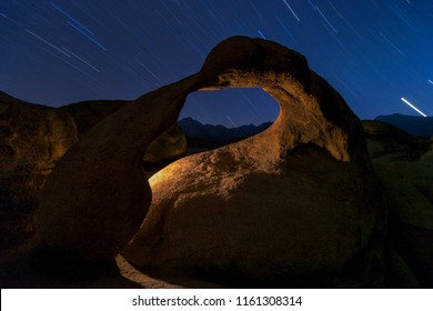 Mobius Arch At Night With Star Trails At Alabama Hills, Lone Pine, California, USA